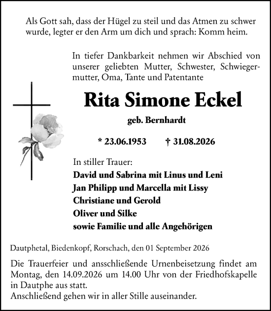 Traueranzeige von Rita Simone Eckel von Hinterländer Anzeiger