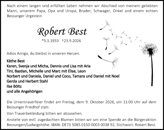 Traueranzeige von Robert Best von Darmstädter Echo