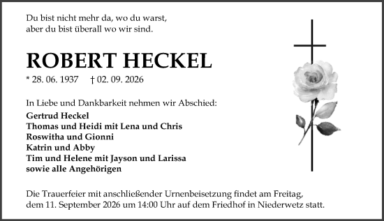 Traueranzeige von Robert Heckel von Wetzlarer Neue Zeitung