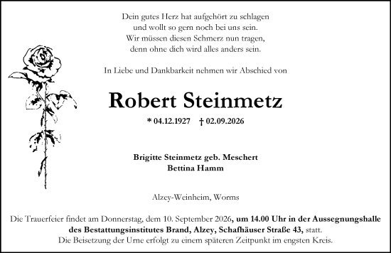 Traueranzeige von Robert Steinmetz von Allgemeine Zeitung Alzey