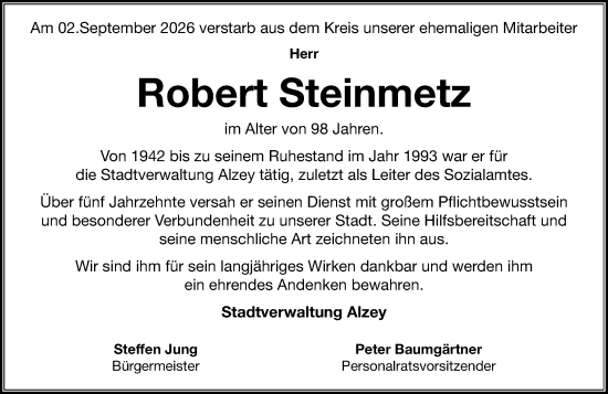 Traueranzeige von Robert Steinmetz von Allgemeine Zeitung Alzey