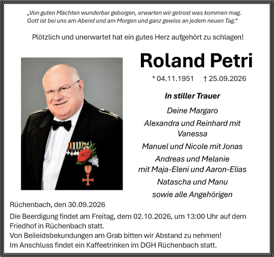 Traueranzeige von Roland Petri von Hinterländer Anzeiger