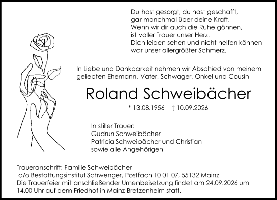 Traueranzeige von Roland Schweibächer von Allgemeine Zeitung Mainz