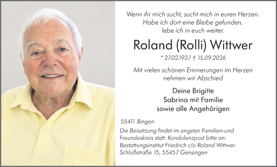 Traueranzeige von Roland Wittwer von Binger-/Ingelheimer Wochenblatt