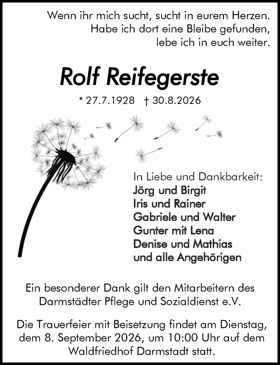 Traueranzeige von Rolf Reifegerste von Darmstädter Echo