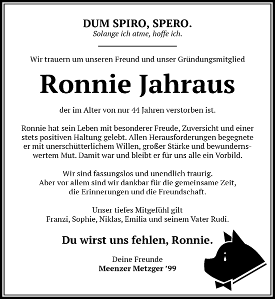 Traueranzeige von Ronnie Jahraus von Allgemeine Zeitung Mainz