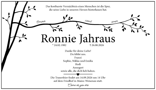 Traueranzeige von Ronnie Jahraus von Allgemeine Zeitung Mainz