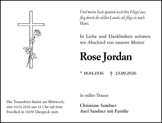 Traueranzeige von Rose Jordan von Darmstädter Echo