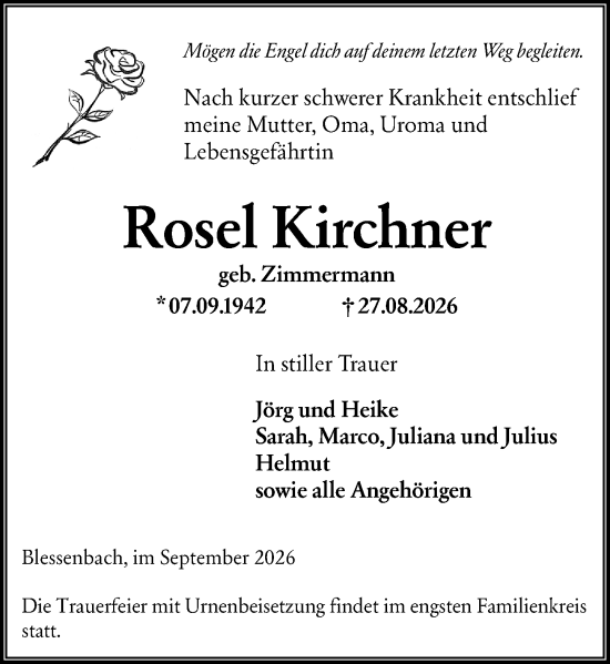 Traueranzeige von Rosel Kirchner von Weilburger Tageblatt