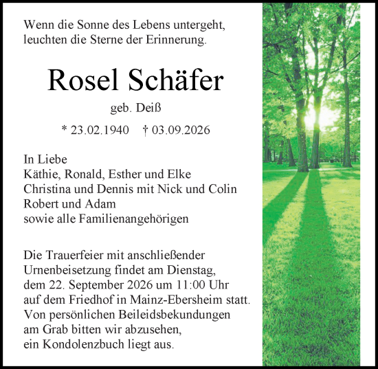 Traueranzeige von Rosel Schäfer von Allgemeine Zeitung Mainz