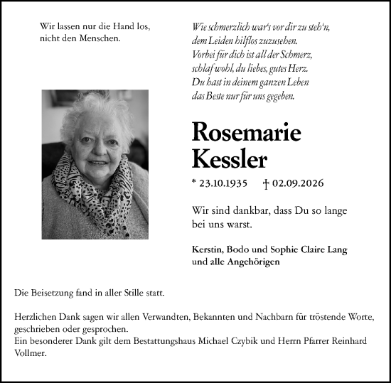 Traueranzeige von Rosemarie Kessler von Wetzlarer Neue Zeitung