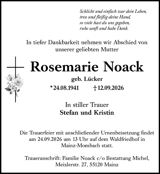 Traueranzeige von Rosemarie Noack von Allgemeine Zeitung Mainz