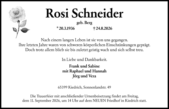 Traueranzeige von Rosi Schneider von Rheingau Kurier