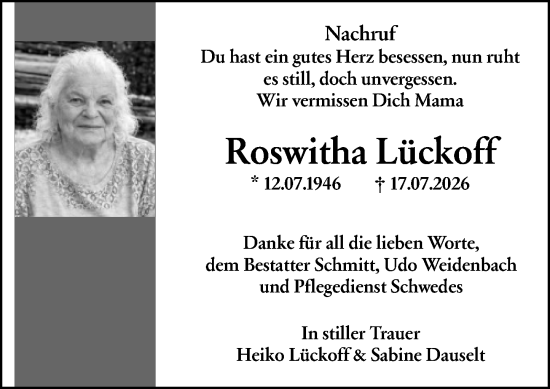 Traueranzeige von Roswitha Lückoff von Dill Block