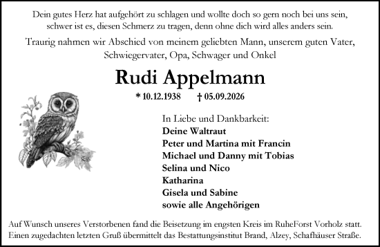 Traueranzeige von Rudi Appelmann von Allgemeine Zeitung Alzey