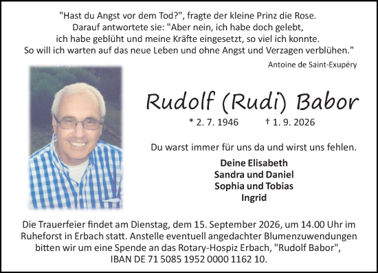 Traueranzeige von Rudolf Babor von Odenwälder Echo