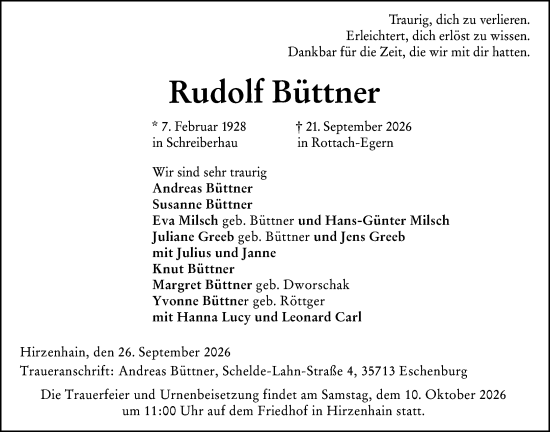 Traueranzeige von Rudolf Büttner von Hinterländer Anzeiger