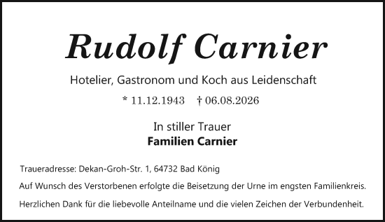 Traueranzeige von Rudolf Carnier von Odenwälder Echo