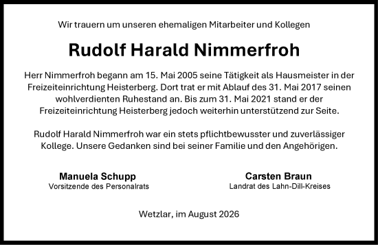 Traueranzeige von Rudolf Harald Nimmerfroh von Dill Block