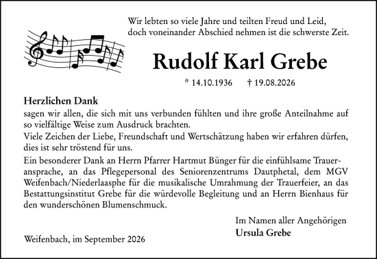 Traueranzeige von Rudolf Karl Grebe von Hinterländer Anzeiger
