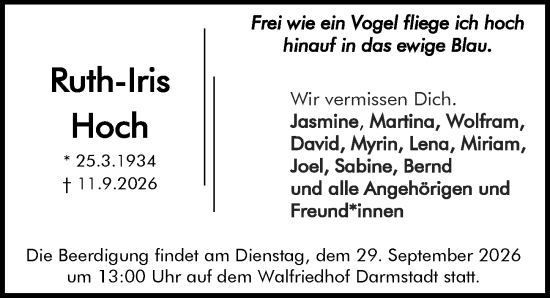Traueranzeige von Ruth-Iris Hoch von Darmstädter Echo