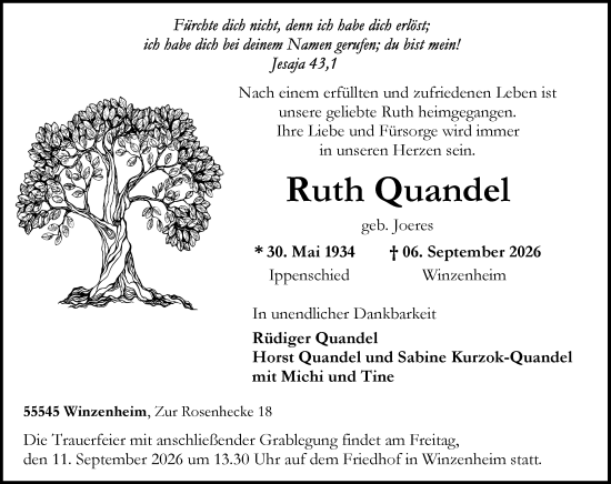 Traueranzeige von Ruth Quandel von Allgemeine Zeitung Rheinhessen-Nahe