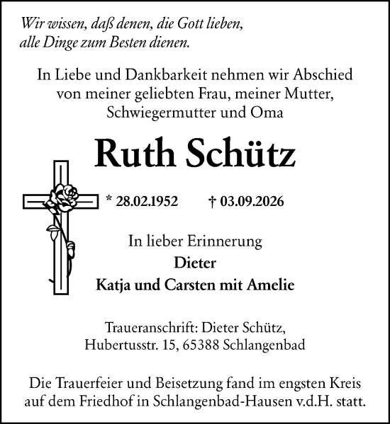Traueranzeige von Ruth Schütz von Wiesbadener Kurier