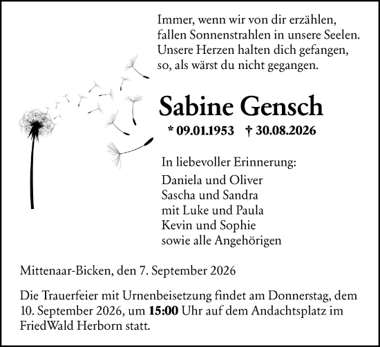 Traueranzeige von Sabine Gensch von Dill Block