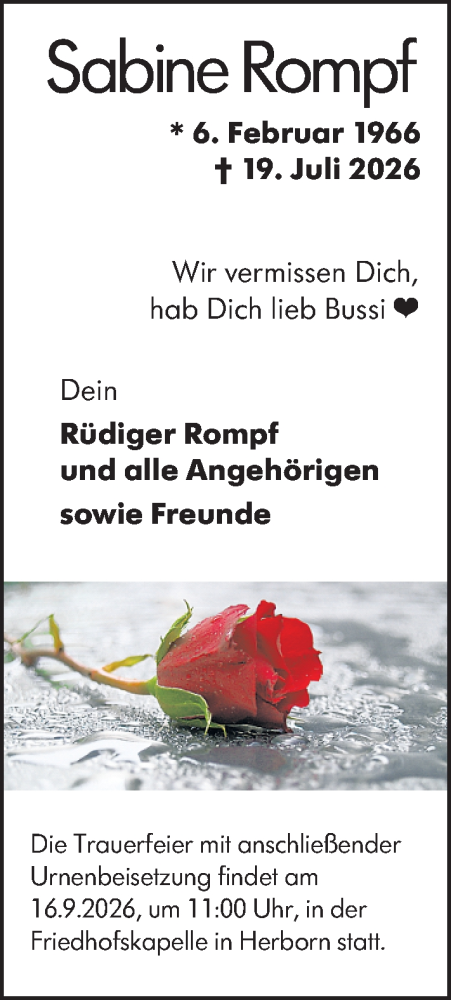 Traueranzeige von Sabine Rompf von Dill Block