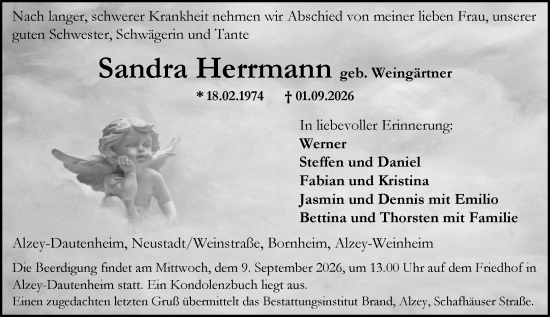 Traueranzeige von Sandra Herrmann von Allgemeine Zeitung Alzey