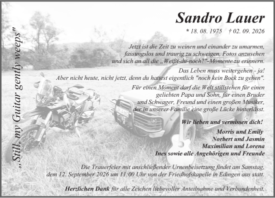 Traueranzeige von Sandro Lauer von Dill Block