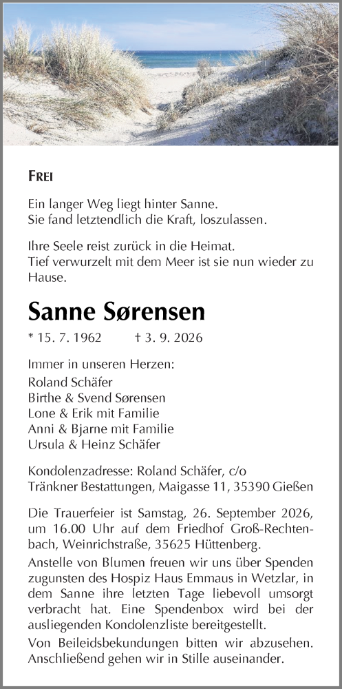 Traueranzeige von Sanne Sørensen von Wetzlarer Neue Zeitung