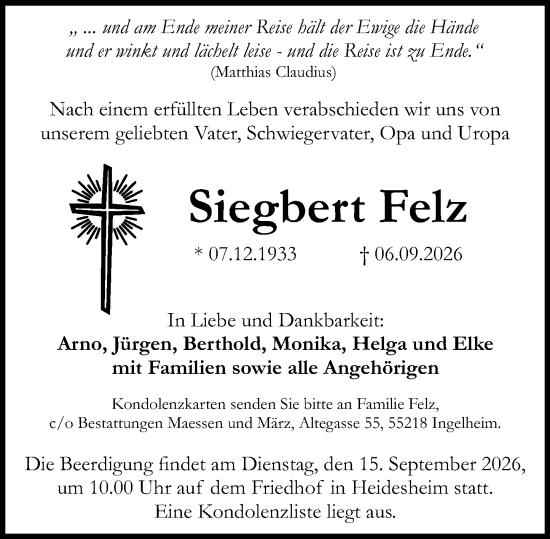 Traueranzeige von Siegbert Felz von Allgemeine Zeitung Mainz