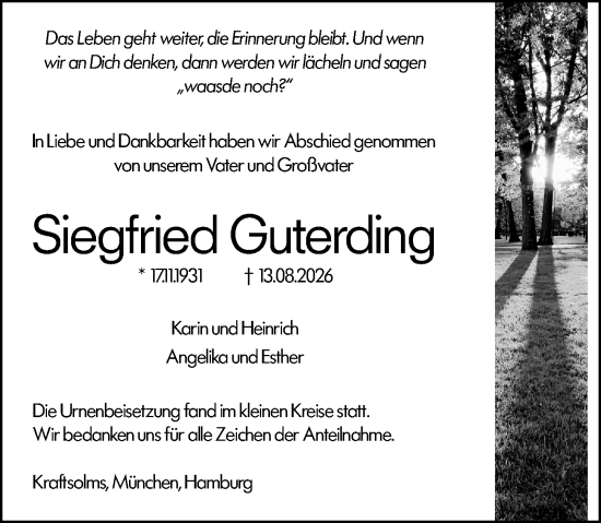 Traueranzeige von Siegfried Guterding von Wetzlarer Neue Zeitung