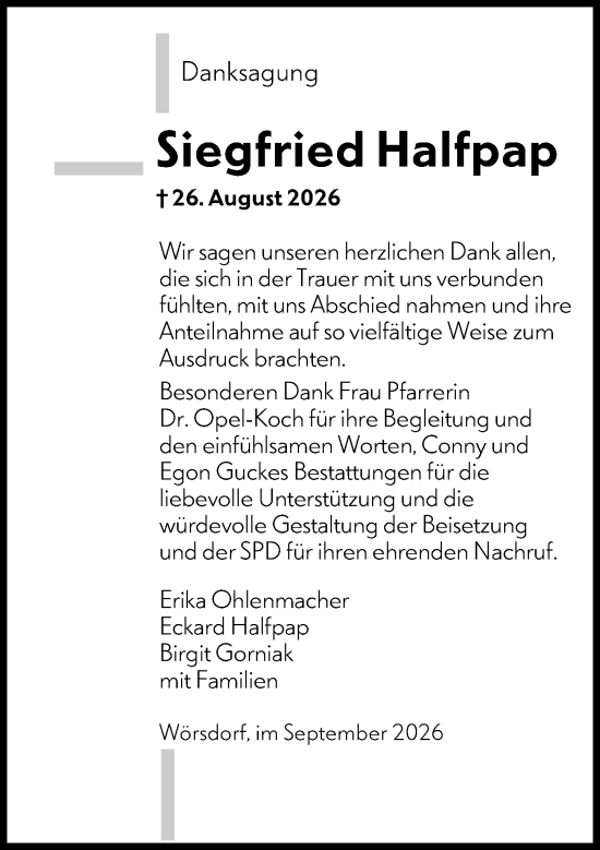 Traueranzeige von Siegfried Halfpap von Idsteiner Land/Untertaunus