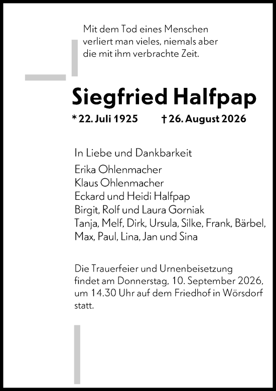 Traueranzeige von Siegfried Halfpap von Idsteiner Land/Untertaunus
