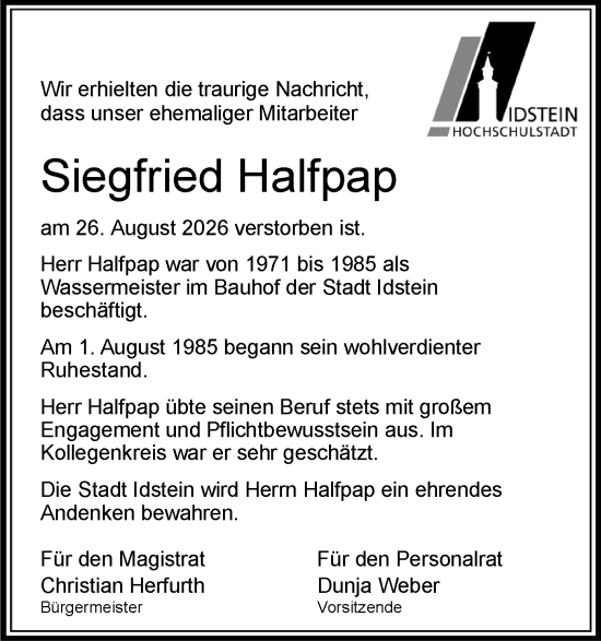 Traueranzeige von Siegfried Halfpap von Idsteiner Land/Untertaunus