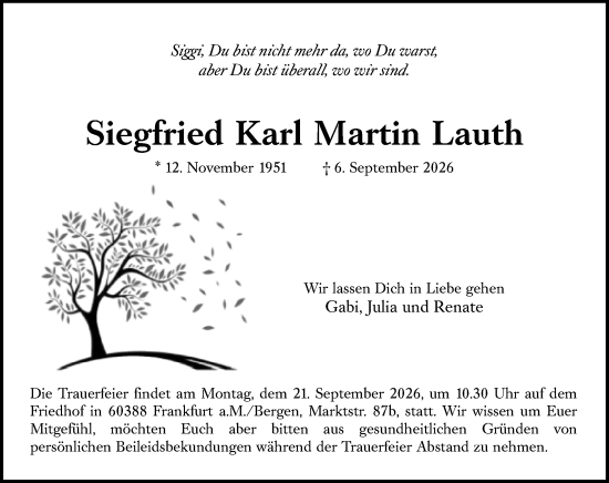 Traueranzeige von Siegfried Karl Martin Lauth von Binger-/Ingelheimer Wochenblatt