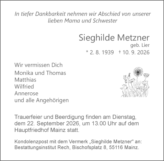 Traueranzeige von Sieghilde Metzner von Allgemeine Zeitung Mainz