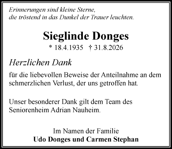 Traueranzeige von Sieglinde Donges von Rüsselsheimer Echo