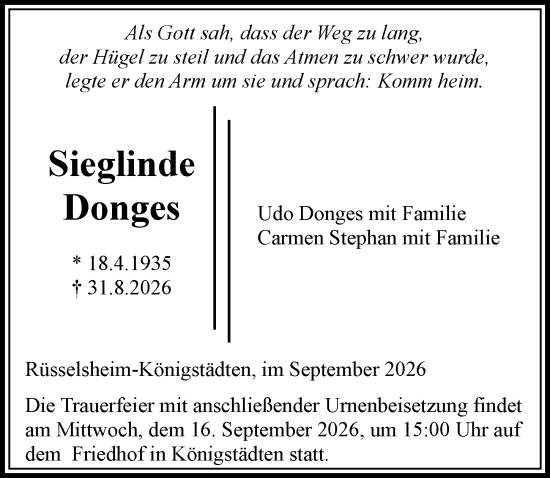 Traueranzeige von Sieglinde Donges von Rüsselsheimer Echo