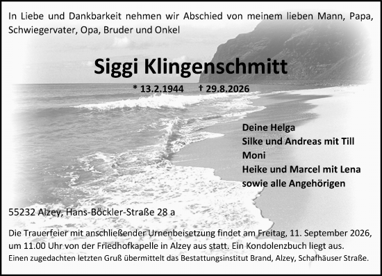 Traueranzeige von Siggi Klingenschmitt von Allgemeine Zeitung Alzey