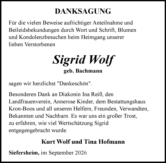 Traueranzeige von Sigrid Wolf von Allgemeine Zeitung Alzey