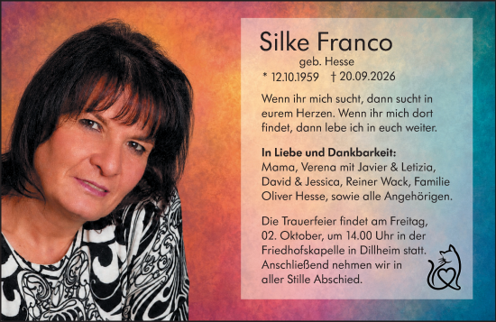 Traueranzeige von Silke Franco von Wetzlarer Neue Zeitung