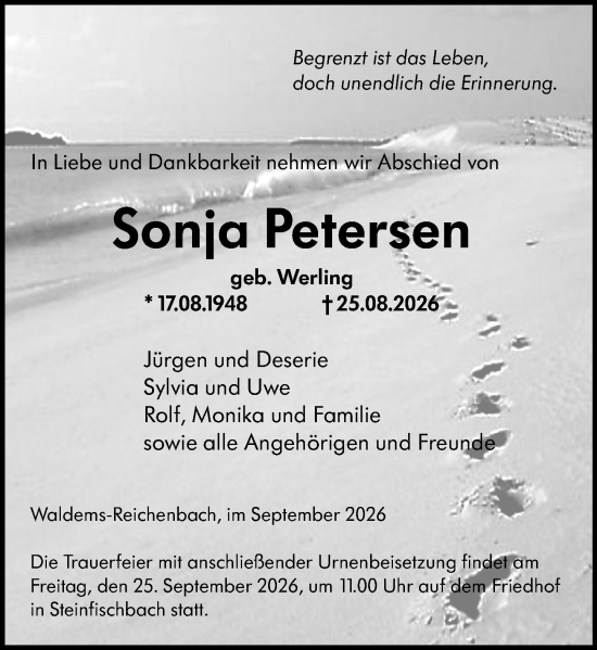Traueranzeige von Sonja Petersen von Camberger Anzeiger