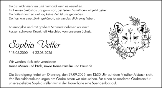 Traueranzeige von Sophia Vetter von Darmstädter Echo