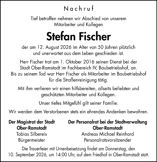 Traueranzeige von Stefan Fischer von Darmstädter Echo