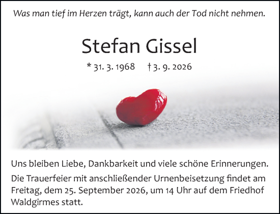 Traueranzeige von Stefan Gissel von Wetzlarer Neue Zeitung
