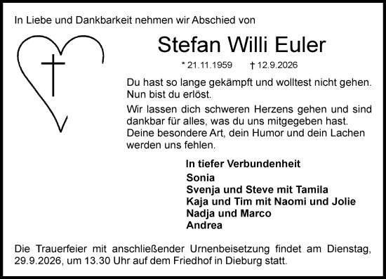 Traueranzeige von Stefan Willi Euler von Dieburger Anzeiger/Groß-Zimmerner Lokal-Anzeiger