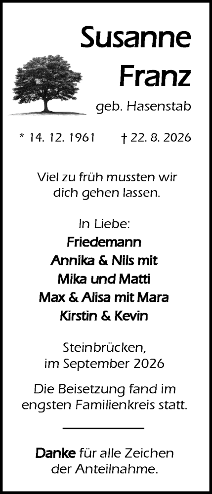 Traueranzeige von Susanne Franz von Dill Block